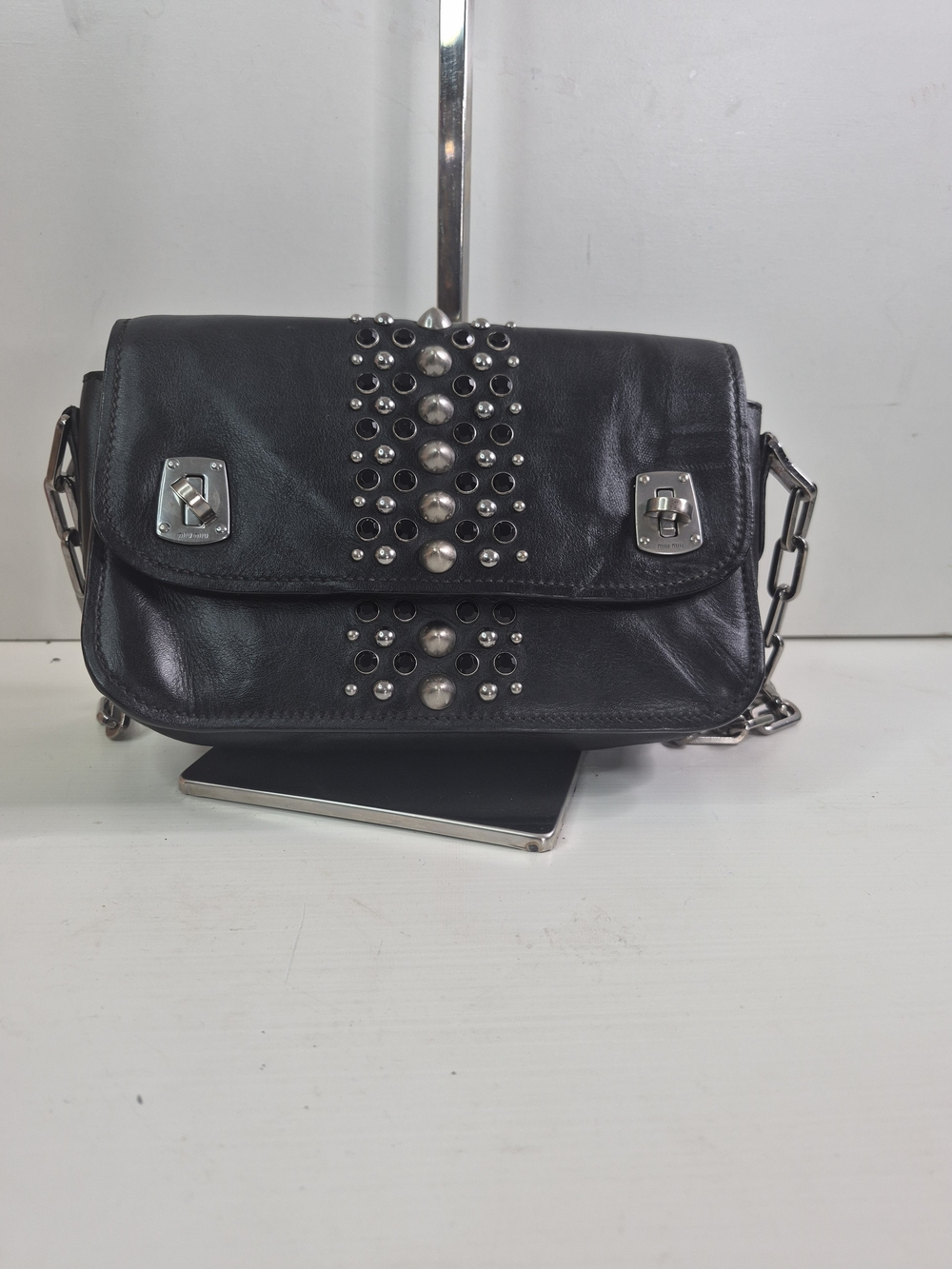 Miu Miu Stud-Accent Black Leather Shoulder Bag